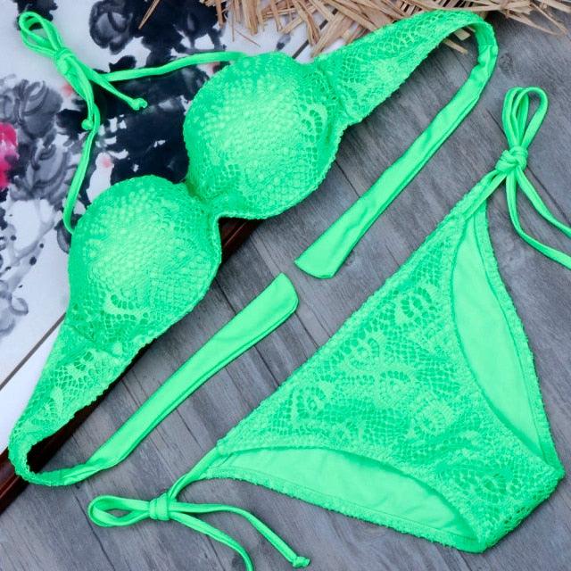 Bikini Solid Strappy Bandage Bikinis Set White Push Up Bikini Swimwear Swimsuit Bathing Suit Women's Ribbed Tie Bikini Adjustable Lace Up Bottom String Women Swimsuit Stevvex