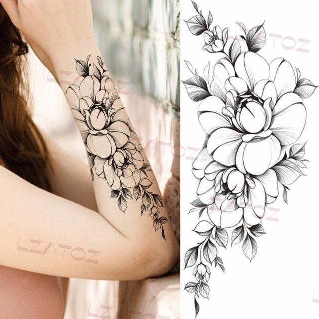 Realistic Sketches Black Flowers Temporary Waterproof Flower Tattoos Modern Body Arm Drawing For Womens Stevvex