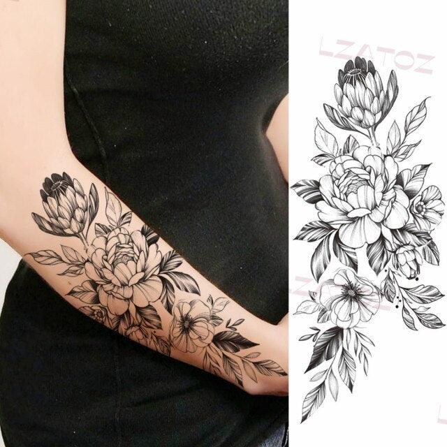 Realistic Sketches Black Flowers Temporary Waterproof Flower Tattoos Modern Body Arm Drawing For Womens Stevvex