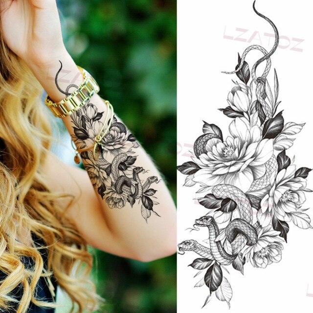 Realistic Sketches Black Flowers Temporary Waterproof Flower Tattoos Modern Body Arm Drawing For Womens Stevvex