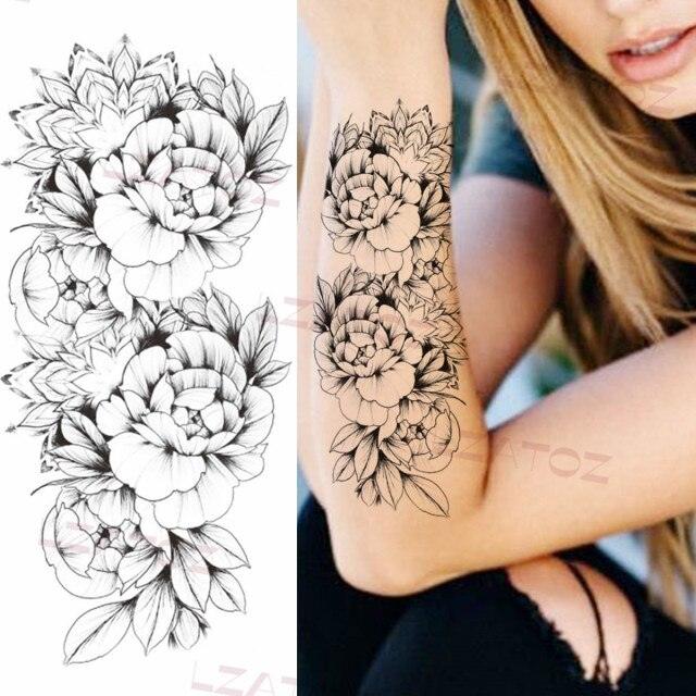 Realistic Sketches Black Flowers Temporary Waterproof Flower Tattoos Modern Body Arm Drawing For Womens Stevvex