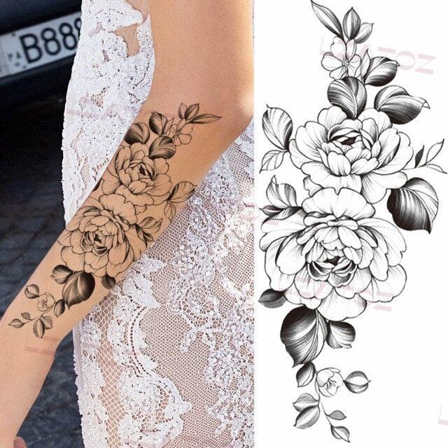 Realistic Sketches Black Flowers Temporary Waterproof Flower Tattoos Modern Body Arm Drawing For Womens Stevvex