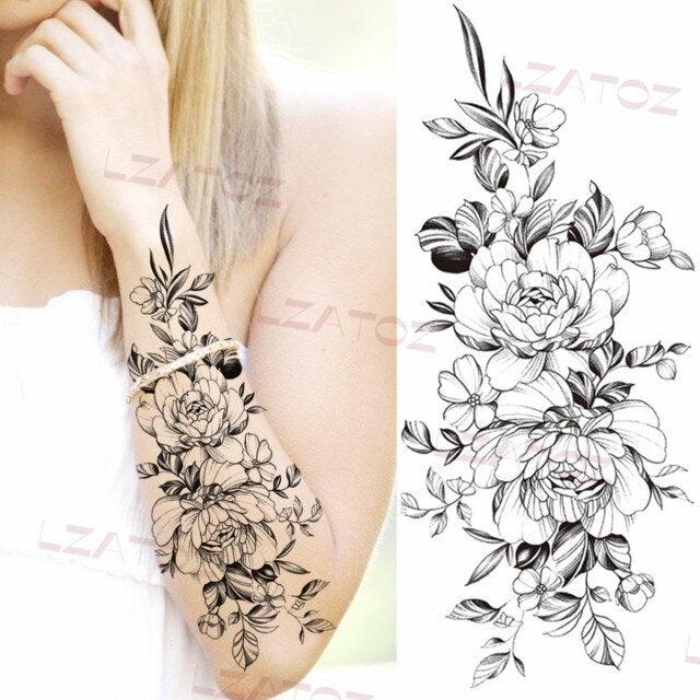 Realistic Sketches Black Flowers Temporary Waterproof Flower Tattoos Modern Body Arm Drawing For Womens Stevvex