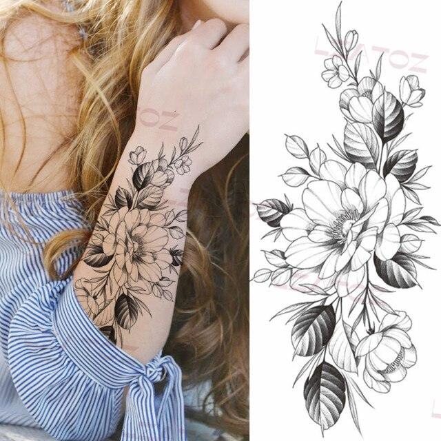 Realistic Sketches Black Flowers Temporary Waterproof Flower Tattoos Modern Body Arm Drawing For Womens Stevvex