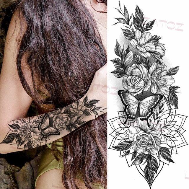 Realistic Sketches Black Flowers Temporary Waterproof Flower Tattoos Modern Body Arm Drawing For Womens Stevvex