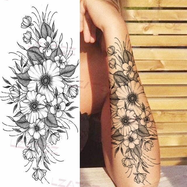 Realistic Sketches Black Flowers Temporary Waterproof Flower Tattoos Modern Body Arm Drawing For Womens Stevvex