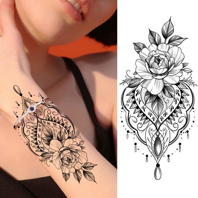 Realistic Sketches Black Flowers Temporary Waterproof Flower Tattoos Modern Body Arm Drawing For Womens Stevvex