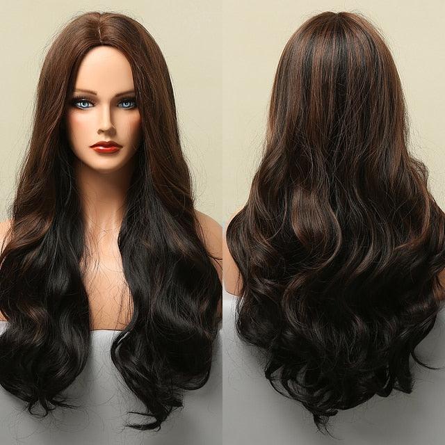 Long Honey Brown Synthetic Wigs with Side Bangs Natural Wave Wigs for Afro American Women Heat Resistant Cosplay Party Daily Use Wigs For Black Women Cosplay Wigs For Women Stevvex