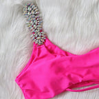 Luxury Purple Halter Crystal Diamond Bikini Female Swimsuit Women Swimwear Rhinestone Bikini Set Bathing Suit Women's Swimwear Rhinestone Halter Low Waist Tie Side Bikini Set 2 Pieces Crystal Diamond Swimsuit Stevvex