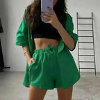 Summer Casual Shorts Suits Green Streetwear Short Sleeve Shirt 2 piece