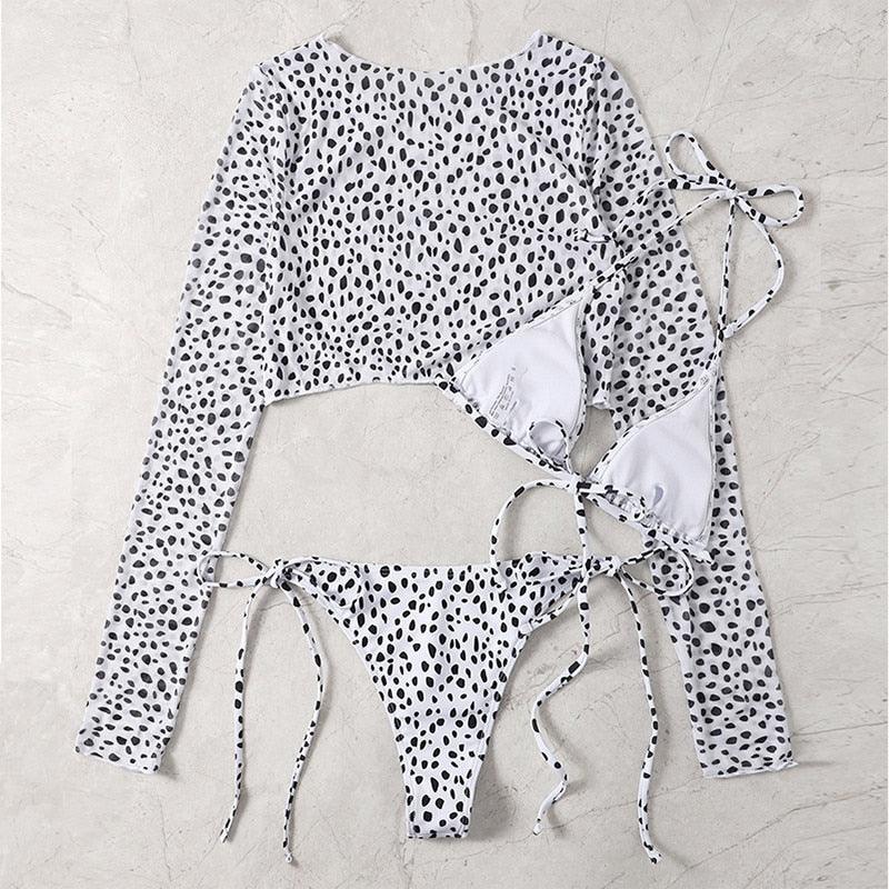 Leopard Print 3 Piece Set Long Sleeves Swimsuit 3 Piece Swimsuit Set Halter High Waist Bathing Suit With Long Sleeve Swimwear Cover Up Women's Swimming Bikini Low Waist Swimwear Women Bathing Suit Stevvex