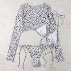 Leopard Print 3 Piece Set Long Sleeves Swimsuit 3 Piece Swimsuit Set Halter High Waist Bathing Suit With Long Sleeve Swimwear Cover Up Women's Swimming Bikini Low Waist Swimwear Women Bathing Suit Stevvex