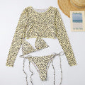 Leopard Print 3 Piece Set Long Sleeves Swimsuit 3 Piece Swimsuit Set Halter High Waist Bathing Suit With Long Sleeve Swimwear Cover Up Women's Swimming Bikini Low Waist Swimwear Women Bathing Suit Stevvex
