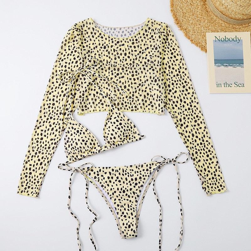 Leopard Print 3 Piece Set Long Sleeves Swimsuit 3 Piece Swimsuit Set Halter High Waist Bathing Suit With Long Sleeve Swimwear Cover Up Women's Swimming Bikini Low Waist Swimwear Women Bathing Suit Stevvex