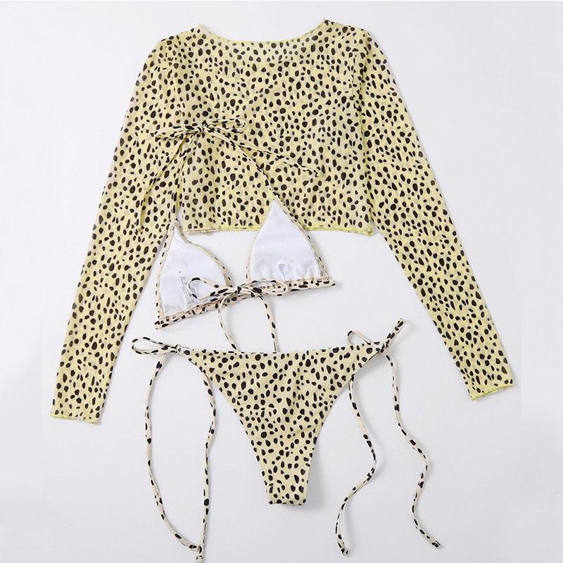 Leopard Print 3 Piece Set Long Sleeves Swimsuit 3 Piece Swimsuit Set Halter High Waist Bathing Suit With Long Sleeve Swimwear Cover Up Women's Swimming Bikini Low Waist Swimwear Women Bathing Suit Stevvex
