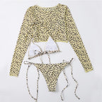 Leopard Print 3 Piece Set Long Sleeves Swimsuit 3 Piece Swimsuit Set Halter High Waist Bathing Suit With Long Sleeve Swimwear Cover Up Women's Swimming Bikini Low Waist Swimwear Women Bathing Suit Stevvex