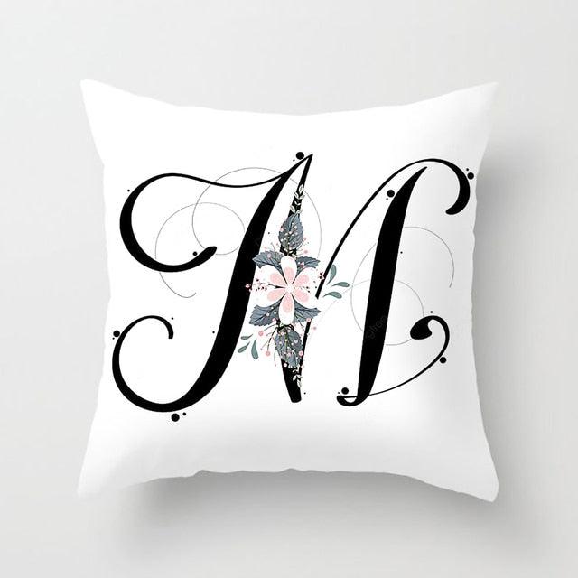 Black Alphabet Flower Print Pillow Cover White Polyester Modern Cushion Cover Decorative Pillowcase For Sofa Bed Chair Car Throw Pillow Covers Decorative Pillow Cases ABC Letter Cushion Covers Square Pillow Protectors Home Decor 45x45cm Stevvex