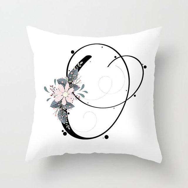 Black Alphabet Flower Print Pillow Cover White Polyester Modern Cushion Cover Decorative Pillowcase For Sofa Bed Chair Car Throw Pillow Covers Decorative Pillow Cases ABC Letter Cushion Covers Square Pillow Protectors Home Decor 45x45cm Stevvex
