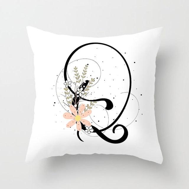 Black Alphabet Flower Print Pillow Cover White Polyester Modern Cushion Cover Decorative Pillowcase For Sofa Bed Chair Car Throw Pillow Covers Decorative Pillow Cases ABC Letter Cushion Covers Square Pillow Protectors Home Decor 45x45cm Stevvex