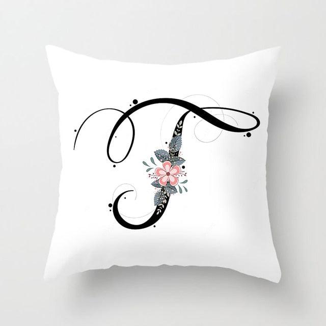 Black Alphabet Flower Print Pillow Cover White Polyester Modern Cushion Cover Decorative Pillowcase For Sofa Bed Chair Car Throw Pillow Covers Decorative Pillow Cases ABC Letter Cushion Covers Square Pillow Protectors Home Decor 45x45cm Stevvex