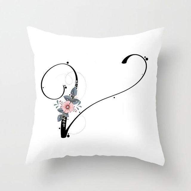 Black Alphabet Flower Print Pillow Cover White Polyester Modern Cushion Cover Decorative Pillowcase For Sofa Bed Chair Car Throw Pillow Covers Decorative Pillow Cases ABC Letter Cushion Covers Square Pillow Protectors Home Decor 45x45cm Stevvex