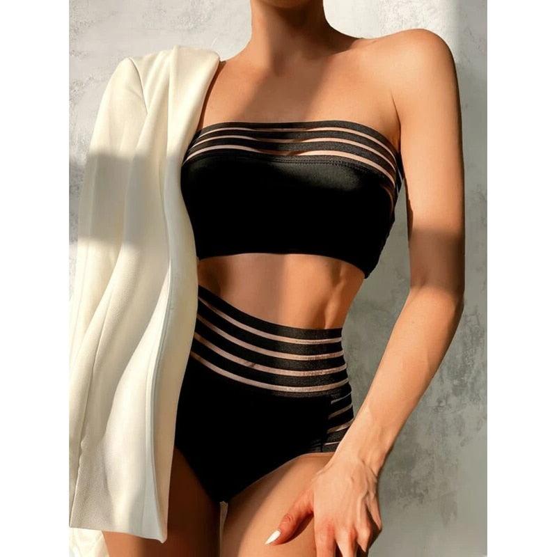 Luxury Women Black Bikini High Waist Swimwear Female 2 Pieces Set Swimsuit Bathing Suit Women Beach Women's High Waisted Bandage Bikini Set Two Piece Push Up Swimsuits Stevvex