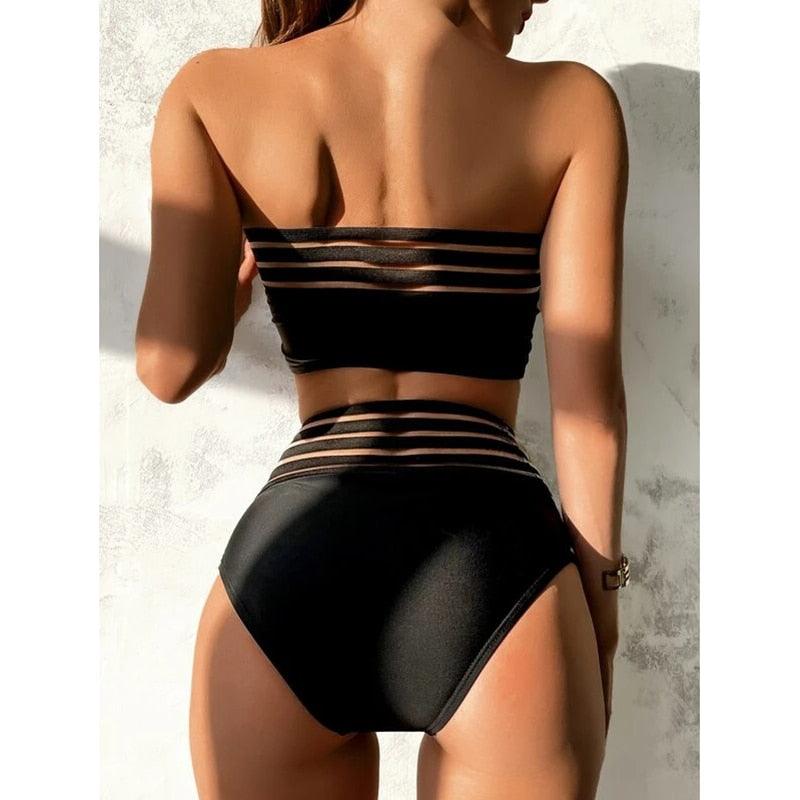 Luxury Women Black Bikini High Waist Swimwear Female 2 Pieces Set Swimsuit Bathing Suit Women Beach Women's High Waisted Bandage Bikini Set Two Piece Push Up Swimsuits Stevvex