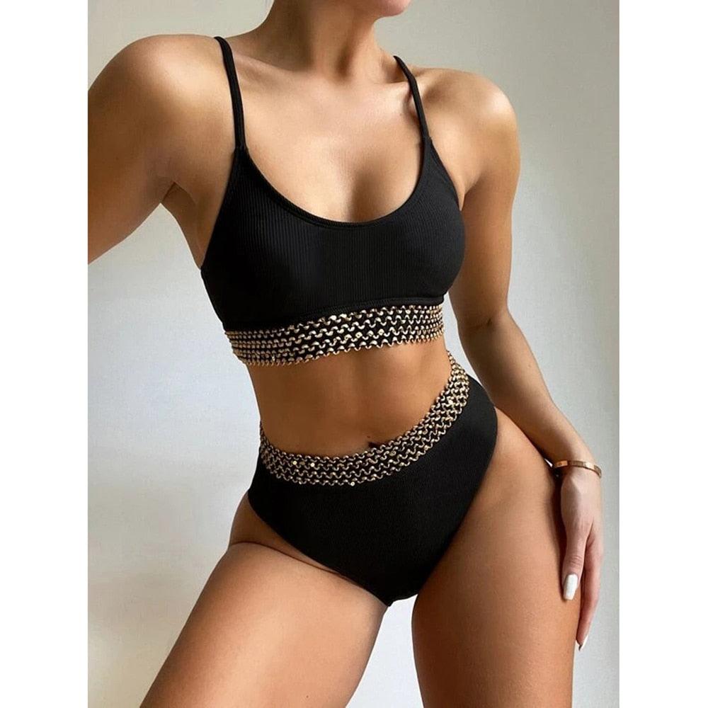Luxury Women Black Bikini High Waist Swimwear Female 2 Pieces Set Swimsuit Bathing Suit Women Beach Women's High Waisted Bandage Bikini Set Two Piece Push Up Swimsuits Stevvex