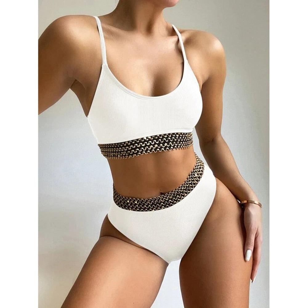 Luxury Women Black Bikini High Waist Swimwear Female 2 Pieces Set Swimsuit Bathing Suit Women Beach Women's High Waisted Bandage Bikini Set Two Piece Push Up Swimsuits Stevvex