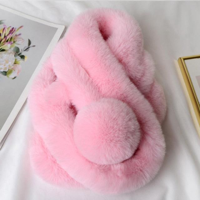 New Winter Solid Color Warm Thicken Soft Collar Scarf Faux Rabbit Fur Neckerchief Plush Warm Hot Scarfs Cross Collar Scarf Shawl Solid With Pearl Elegant For Women Stevvex