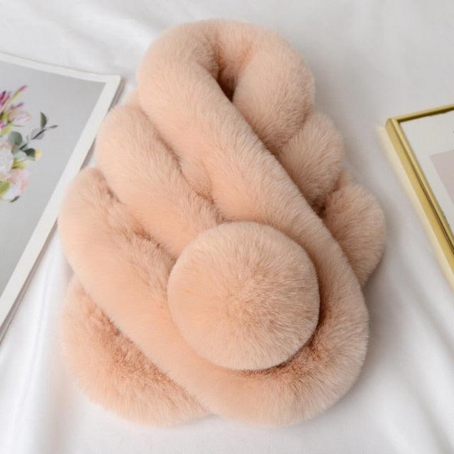 New Winter Solid Color Warm Thicken Soft Collar Scarf Faux Rabbit Fur Neckerchief Plush Warm Hot Scarfs Cross Collar Scarf Shawl Solid With Pearl Elegant For Women Stevvex