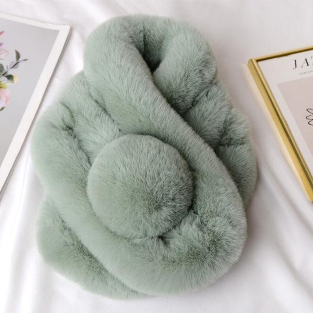 New Winter Solid Color Warm Thicken Soft Collar Scarf Faux Rabbit Fur Neckerchief Plush Warm Hot Scarfs Cross Collar Scarf Shawl Solid With Pearl Elegant For Women Stevvex