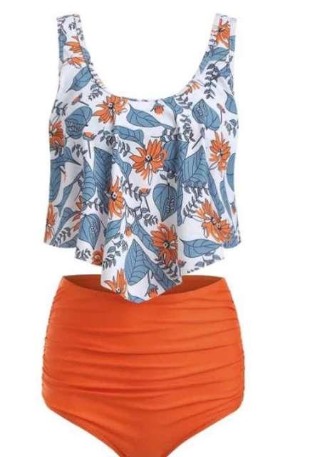 Women High Waist Bikini Plus Size Swimwear Summer Swimsuit Beach Bathing Suit Ruffle Bikini  Floral Printed Ruffle High Waist Bikini Set Women's Tummy Control Bathing Suit Swimsuit Flounce Peplum Stevvex