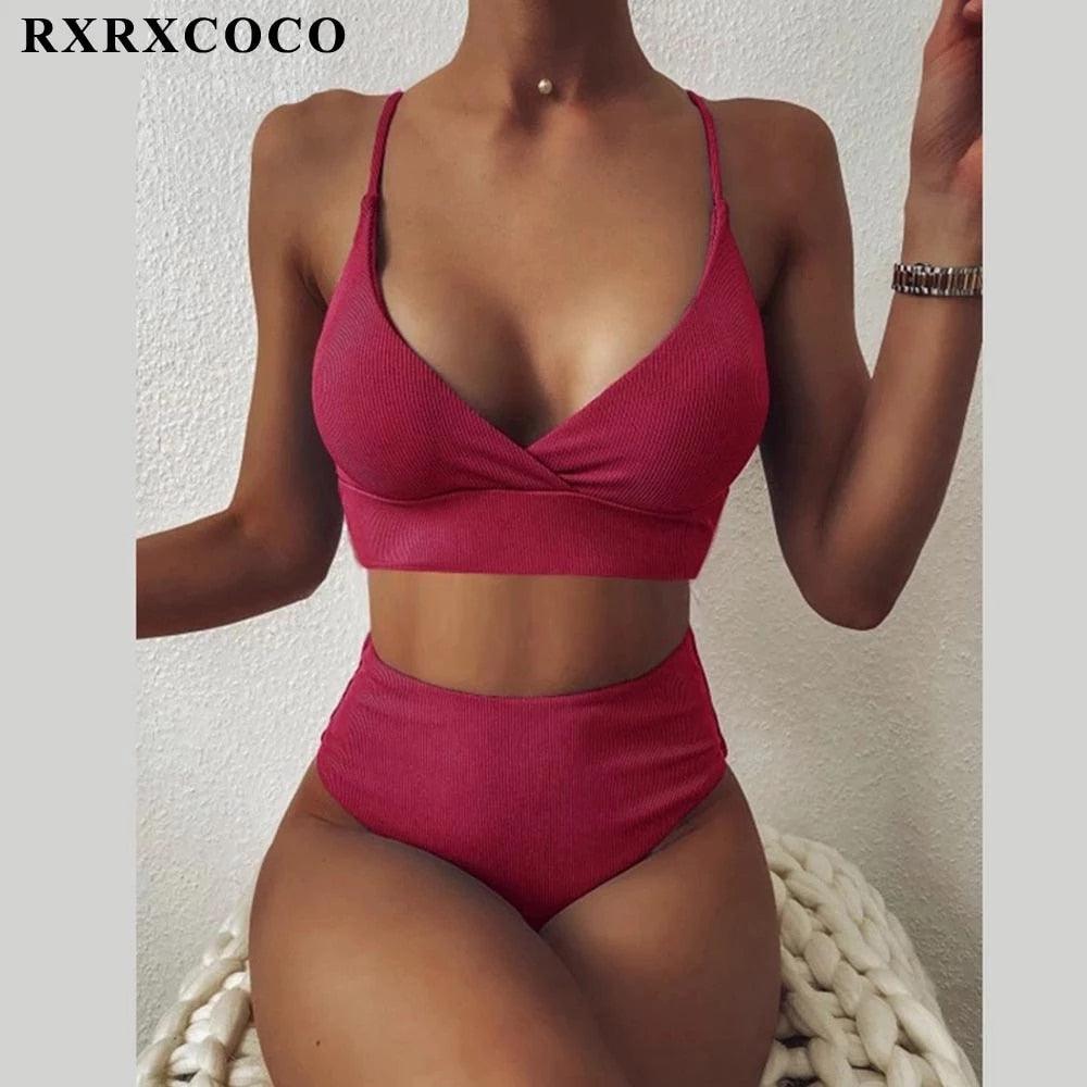 Swimwear Women Ribbed Bathing Suit Female Push Up Bikini Set Women's Bathing Suit Lace up Bikini Ribbed Two Piece Swimsuit Beachwear High Waist Bikini Women's Swimsuit Stevvex
