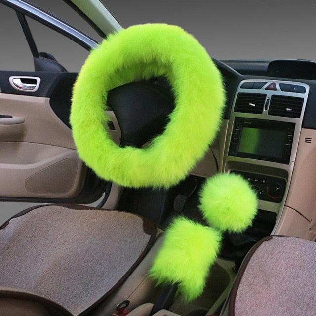 3PCS Fur Steering Wheel Cover Set Real Sheepskin Auto Plush Warm Fluffy Fuzzy Women Winter Fashion Wool Fur Soft Furry Steering Wheel Covers Blue Fluffy Handbrake Cover Gear Shift Cover Fuzz Warm Non-slip Car Decoration Car Accessories for Women Girl Stevvex
