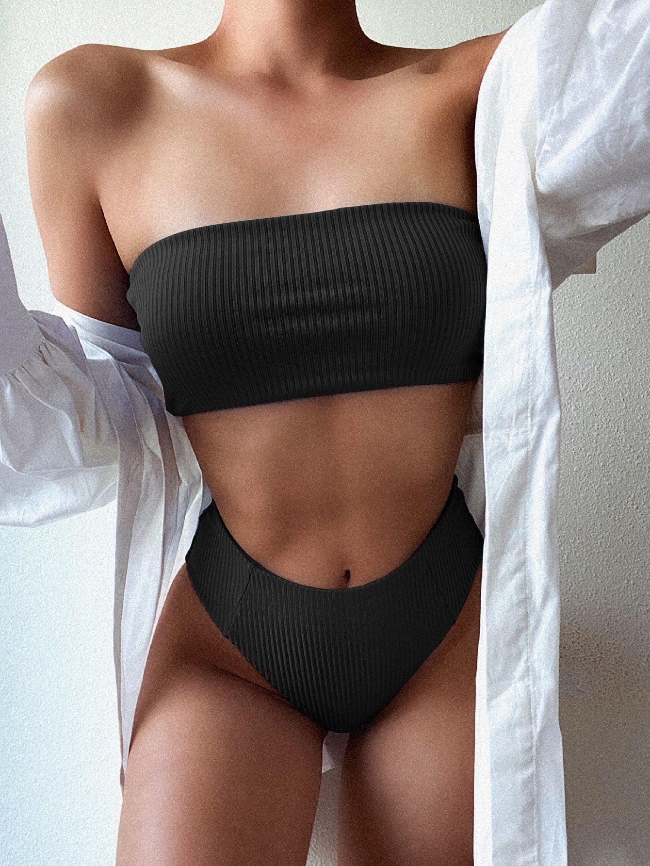 Bikinis Swimsuit Women Push Up Bikini Set  Female Swimwear Women's Strapless Solid Color 2 Pieces Bathing Suit Swimsuit Swimsuits Off Shoulder High Waist Bathing Suit High Cut Swimwear For Summer Stevvex