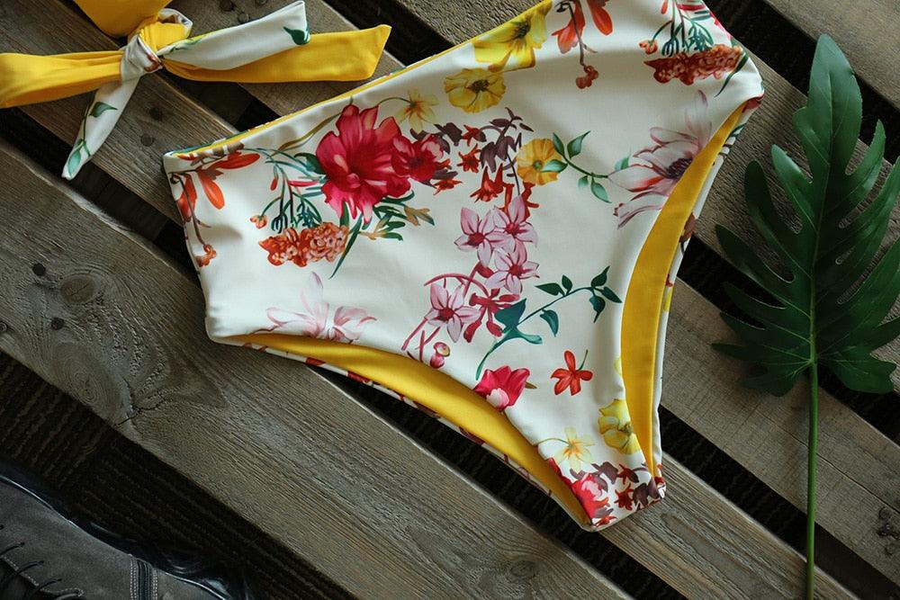 Bikinis Women New One Shoulder Swimwear High Waist Swimsuit Bandage Bathing Suits Beach Wear Female Lace Two Piece Swim Dress with Bikini Bottom Bathing Suits Stevvex