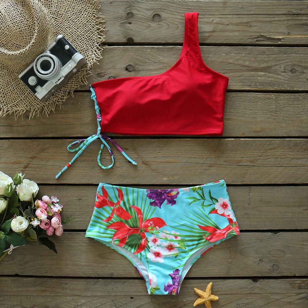 Bikinis Women New One Shoulder Swimwear High Waist Swimsuit Bandage Bathing Suits Beach Wear Female Lace Two Piece Swim Dress with Bikini Bottom Bathing Suits Stevvex