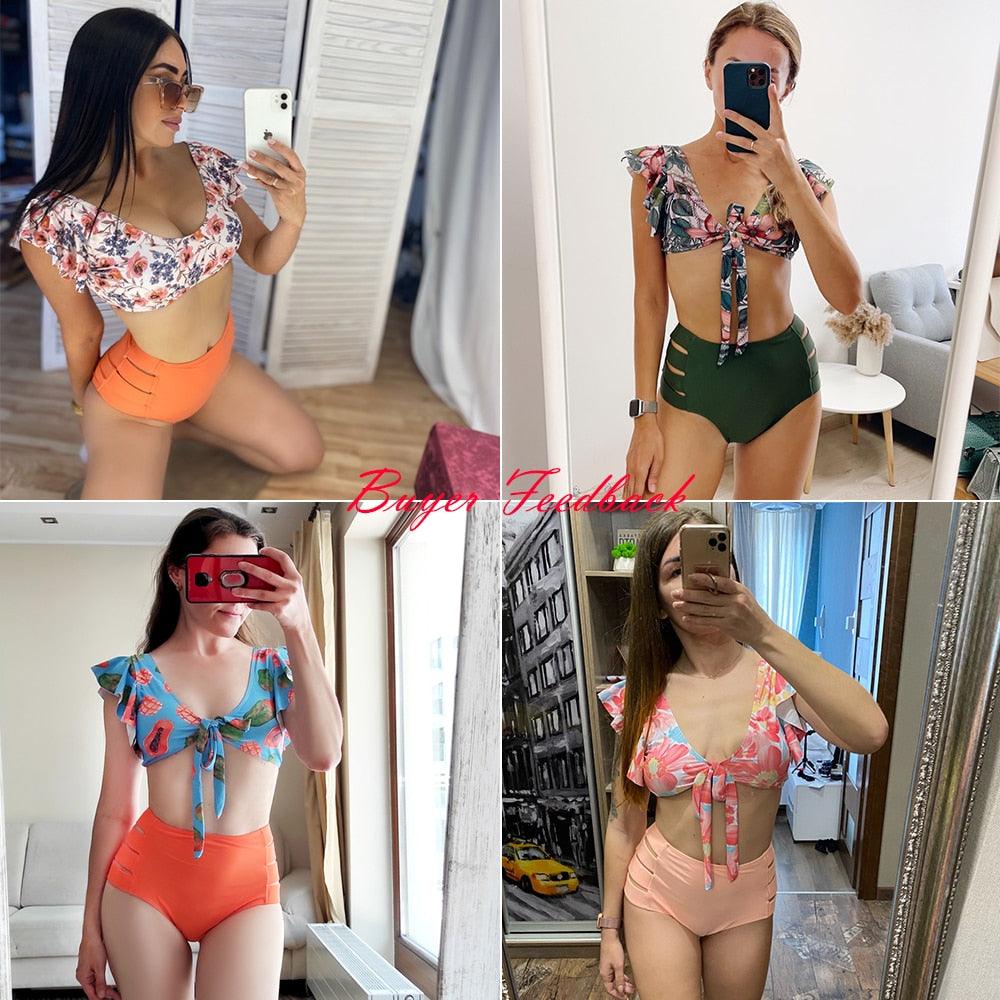 High Waist Bikini Ruffle Swimwear Women Print Swimsuit Push Up Bikinis Plus Size Bathing Suits Floral Beach Wear Bikini Swimsuits for Teen Girls Stevvex