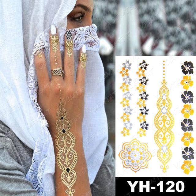 New Waterproof Temporary Tattoo Sticker Golden Silver Flower Jewelry Flash Fashion Different Design Tattoos For Womens Stevvex