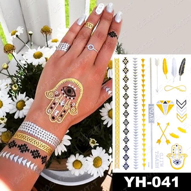 New Waterproof Temporary Tattoo Sticker Golden Silver Flower Jewelry Flash Fashion Different Design Tattoos For Womens Stevvex