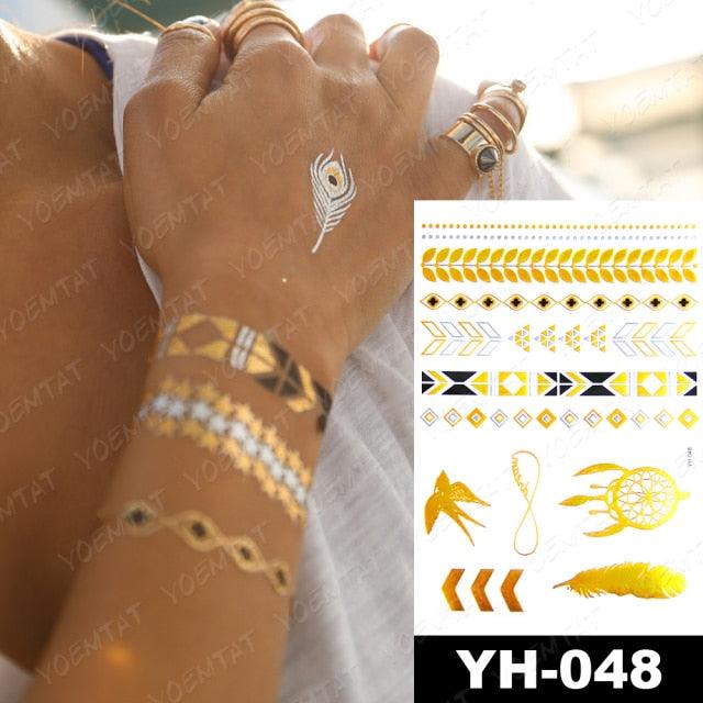 New Waterproof Temporary Tattoo Sticker Golden Silver Flower Jewelry Flash Fashion Different Design Tattoos For Womens Stevvex