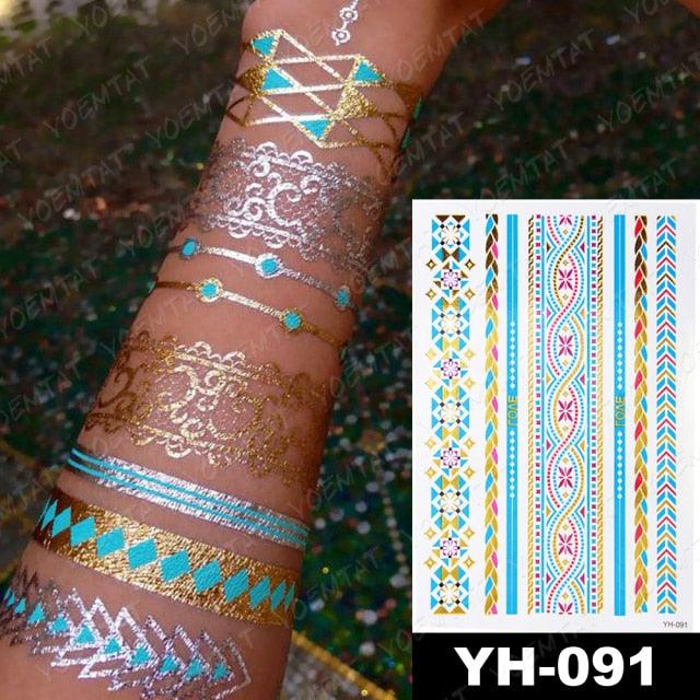 New Waterproof Temporary Tattoo Sticker Golden Silver Flower Jewelry Flash Fashion Different Design Tattoos For Womens Stevvex