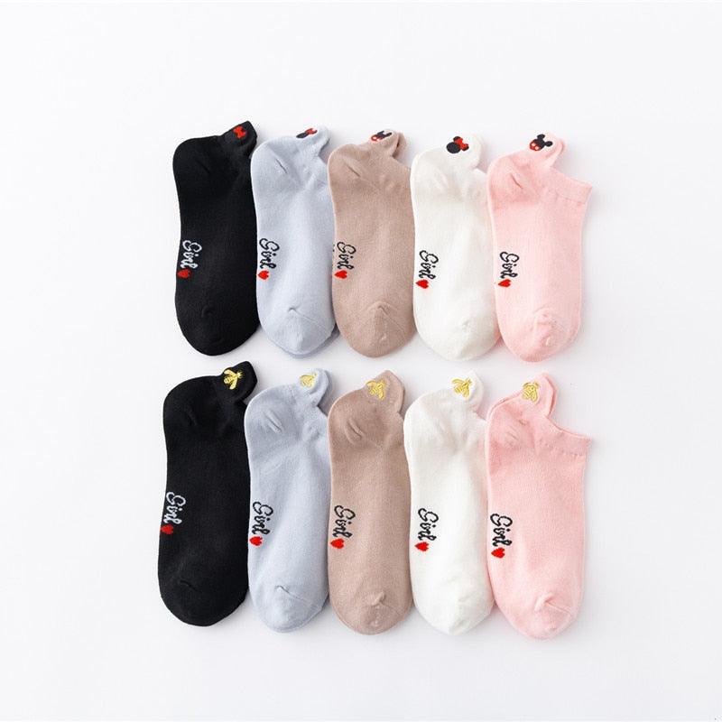 4 Pair/Lot Low Tube Boat Socks Gold Silk Embroidery Mouse Ankle Women Socks Cotton Low Cut Thin No Show Boat Socks For Men And Women Stevvex
