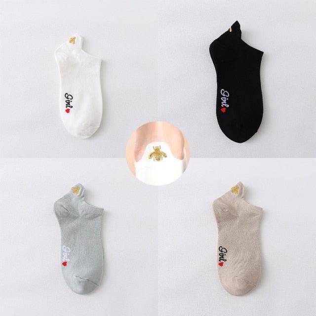 4 Pair/Lot Low Tube Boat Socks Gold Silk Embroidery Mouse Ankle Women Socks Cotton Low Cut Thin No Show Boat Socks For Men And Women Stevvex