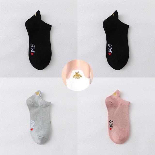 4 Pair/Lot Low Tube Boat Socks Gold Silk Embroidery Mouse Ankle Women Socks Cotton Low Cut Thin No Show Boat Socks For Men And Women Stevvex