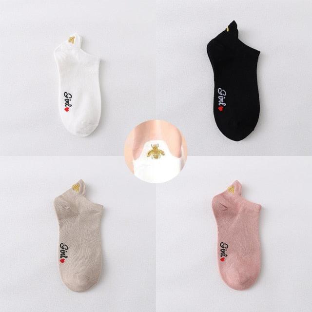 4 Pair/Lot Low Tube Boat Socks Gold Silk Embroidery Mouse Ankle Women Socks Cotton Low Cut Thin No Show Boat Socks For Men And Women Stevvex