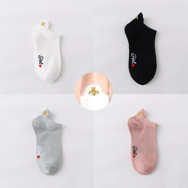 4 Pair/Lot Low Tube Boat Socks Gold Silk Embroidery Mouse Ankle Women Socks Cotton Low Cut Thin No Show Boat Socks For Men And Women Stevvex