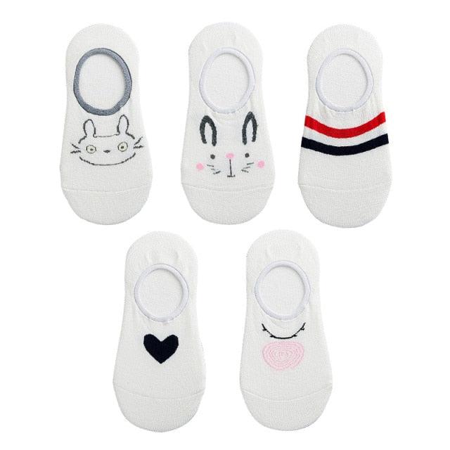 5 Pairs 3D Cartoon Harajuku Cat Cute Heart Invisible Cotton Socks Casual Boat Socks Funny Girl Ankle Sock Set for Women Stevvex