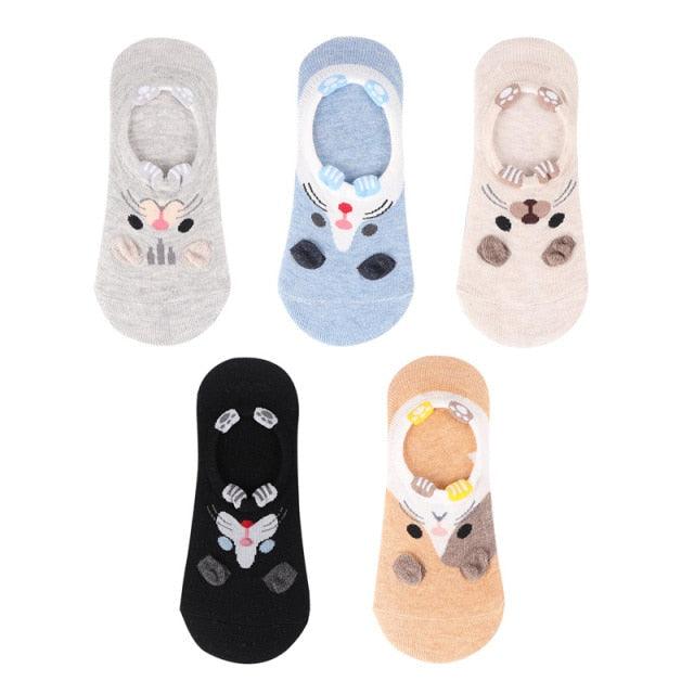 5 Pairs 3D Cartoon Harajuku Cat Cute Heart Invisible Cotton Socks Casual Boat Socks Funny Girl Ankle Sock Set for Women Stevvex